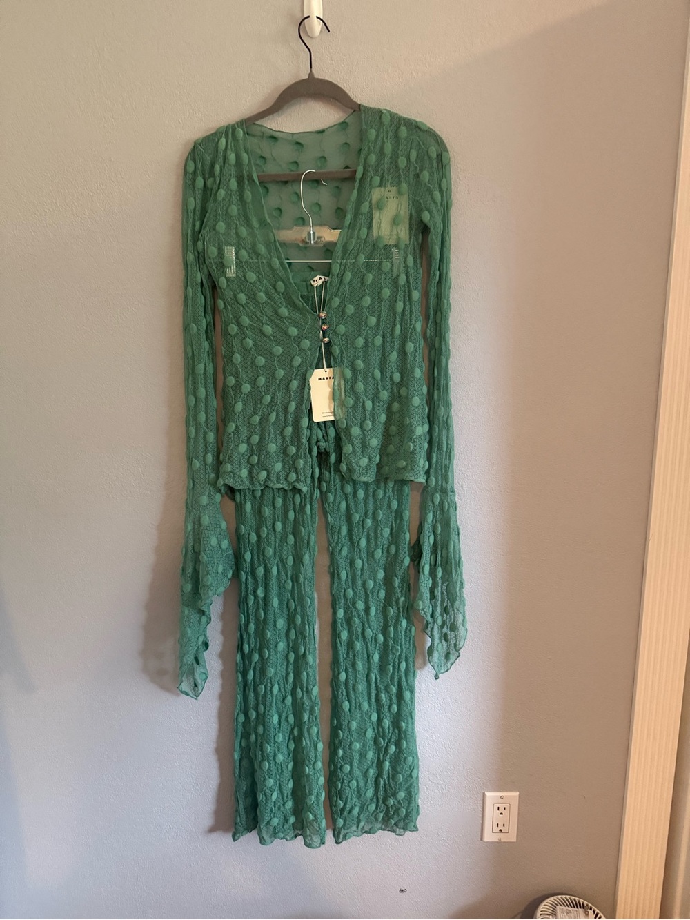 Sheer Polka-Dot Long Sleeve Maxi Dress in Green